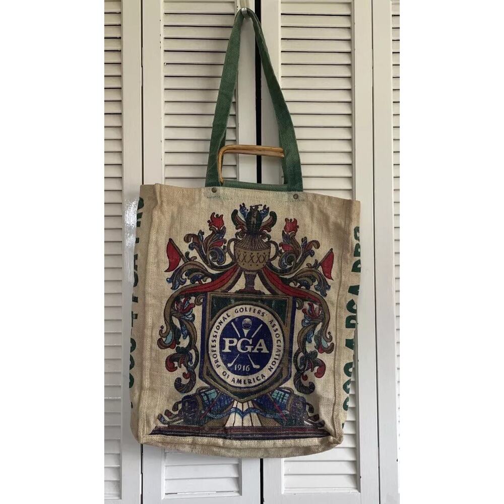 PGA Golf Tote Jute Bag Burlap PGA Official X Large Carry All Bamboo Handles